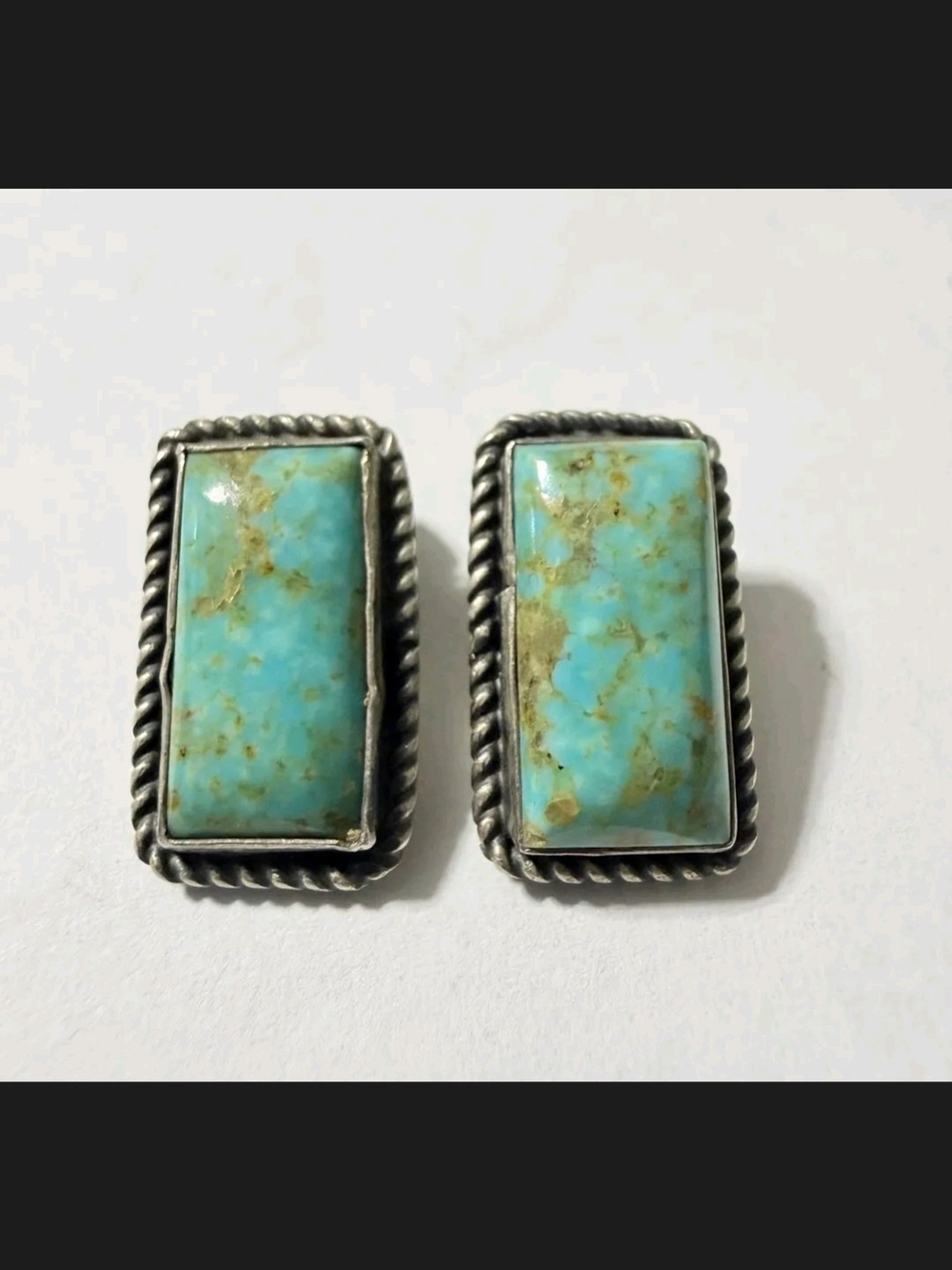 Turquoise Southwestern Navajo Sterling Silver Clip On Earrings, Signed KS